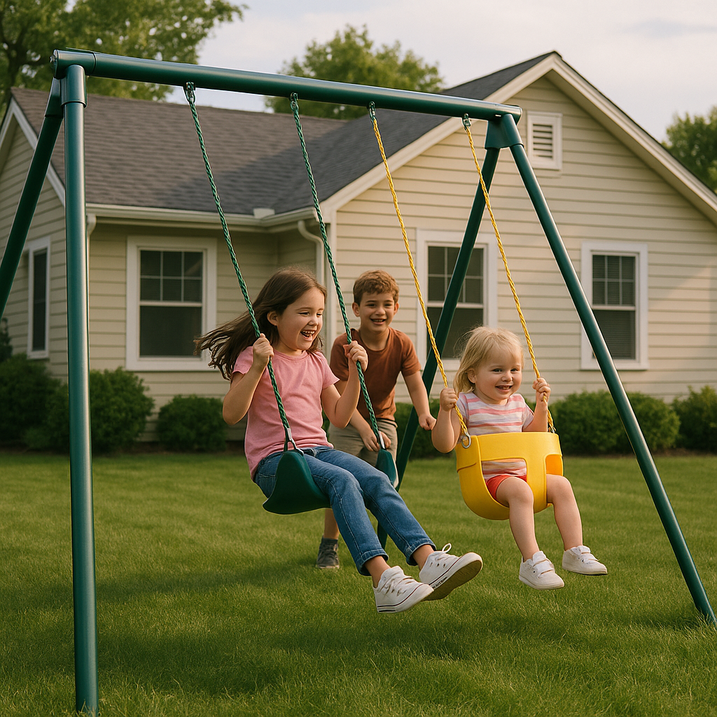 Kids playing in the backyard Kids playing on the swings in their backyard